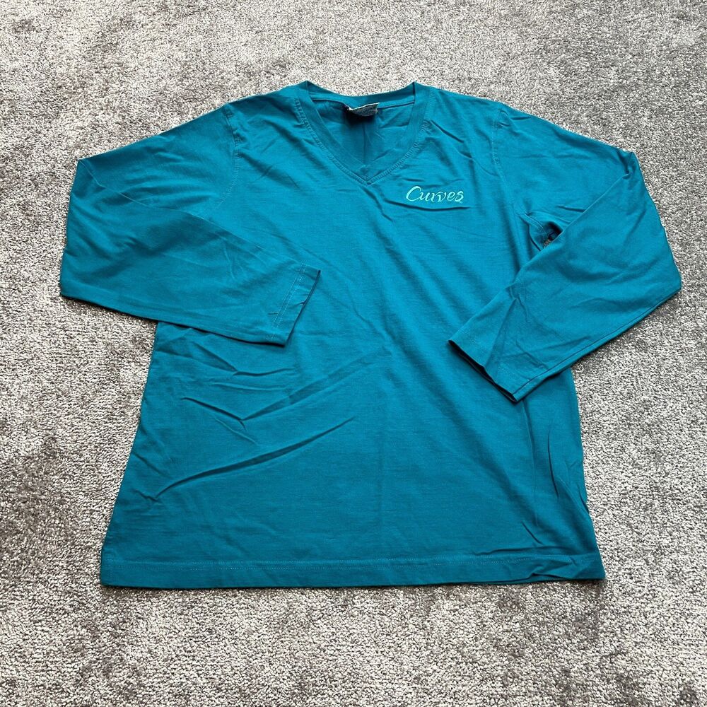 Curves T Shirt Womens Medium Blue Long Sleeve Cotton V Neck Basic Logo Solid Top